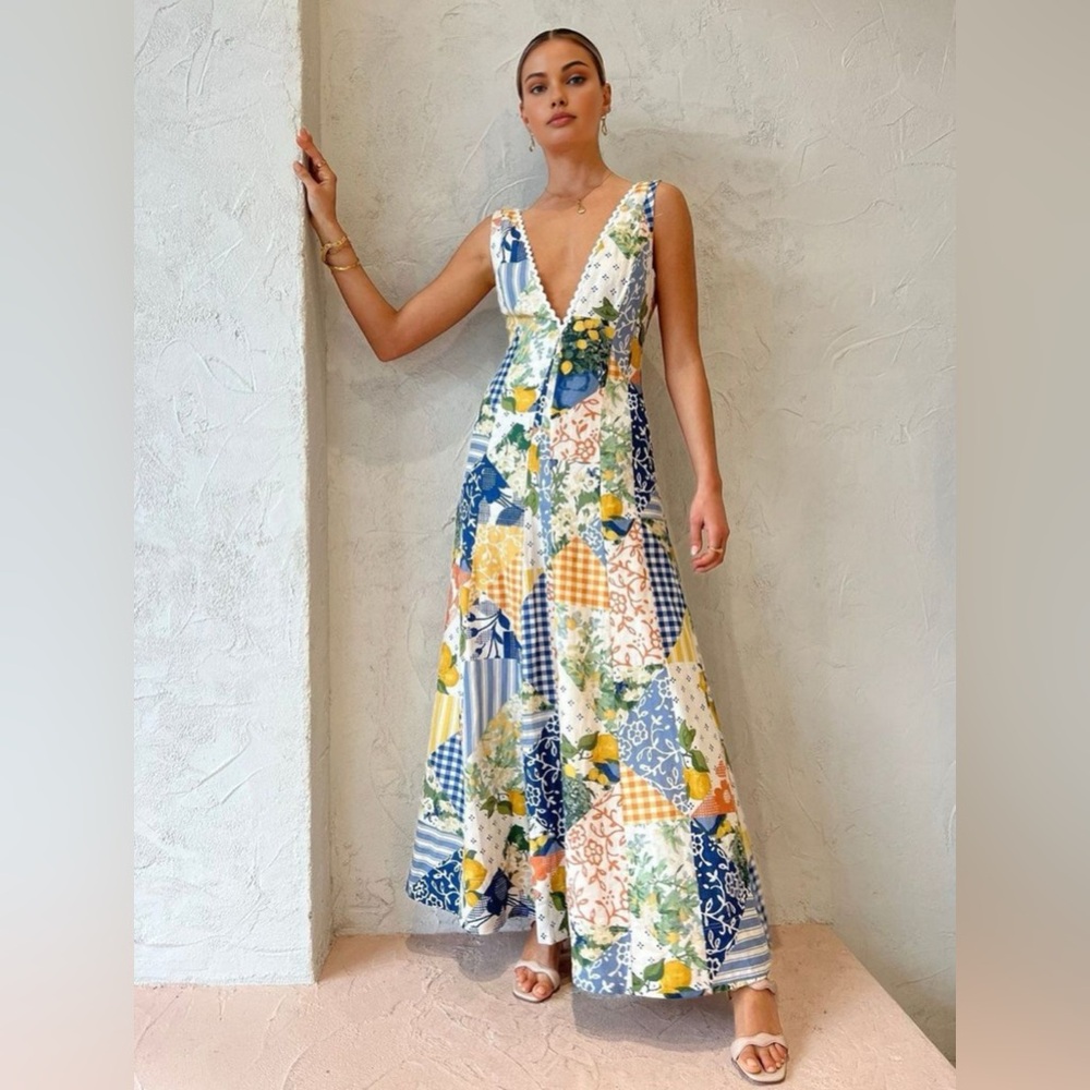 Lemonade Print Lace Trim Long Dress